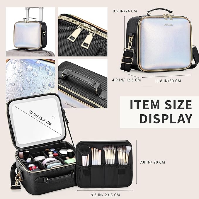 ZhenGuiRu Travel Makeup Bag with Light Up Mirror, Cosmetic Artist Organizer Case with LED Mirror, Travel Makeup Case for Cosmetic Brush Holder Storage, Toiletry Case for Women Gift