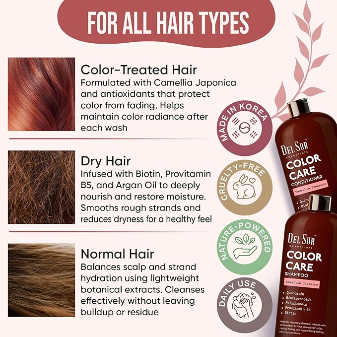 DEL SUR Color Safe Shampoo and Conditioner Set | 16 fl oz Each | with Camellia Japonica, Quercetin & Biotin | Color Protecting, Hydrating & Anti Frizz Care for Color Treated Hair