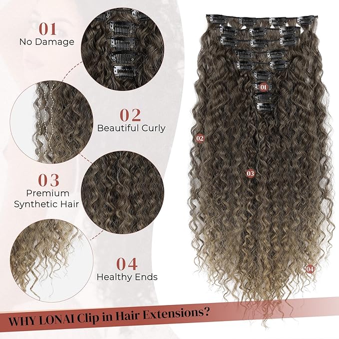 Hair Extension, LONAI 9PCS Clip in Hair Extensions, LN002 22" Long Curly Thick Heat Resistant Synthetic Soft Deep Wave Hairpieces for Women-Ombre Brown