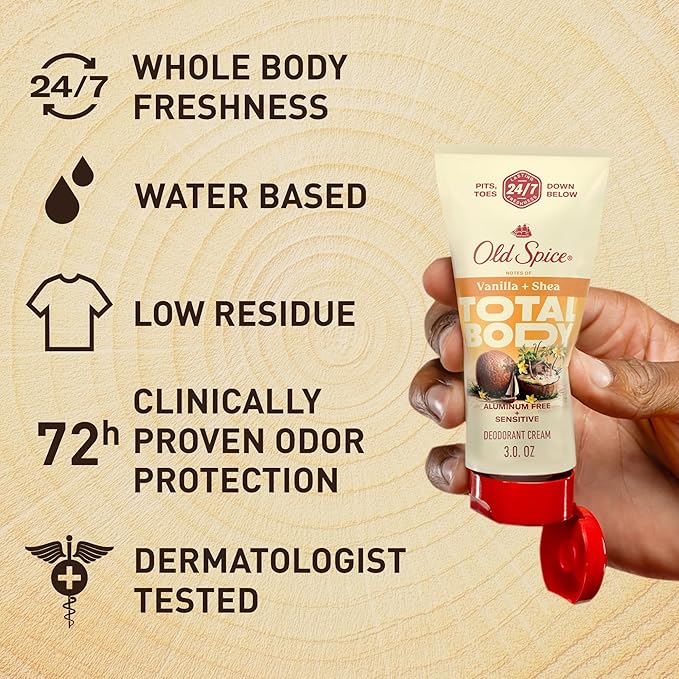 Old Spice Whole Body Deodorant Cream for Men, Aluminum Free, Vanilla + Shea Scent, 24/7 Odor Protection, 24/7 Lasting Freshness, Dermatologist Tested, Gentle on Skin, Safe to Use All Over, 3.0 oz
