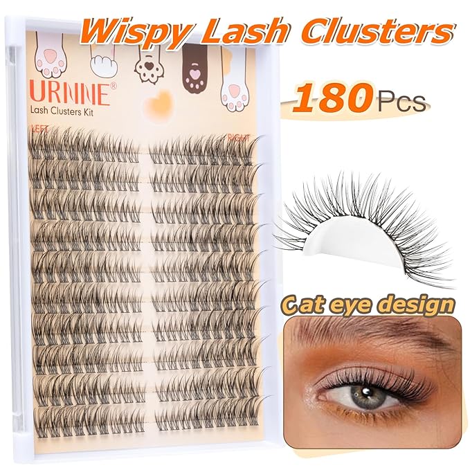 Wispy Lash Clusters, Lash Clusters Kit, Lash Extension Kit, C Curl Left & Right 180pcs 7-15 mm Individual Cluster Eyelash Extension with Bond and Seal, Tweezers, Remover