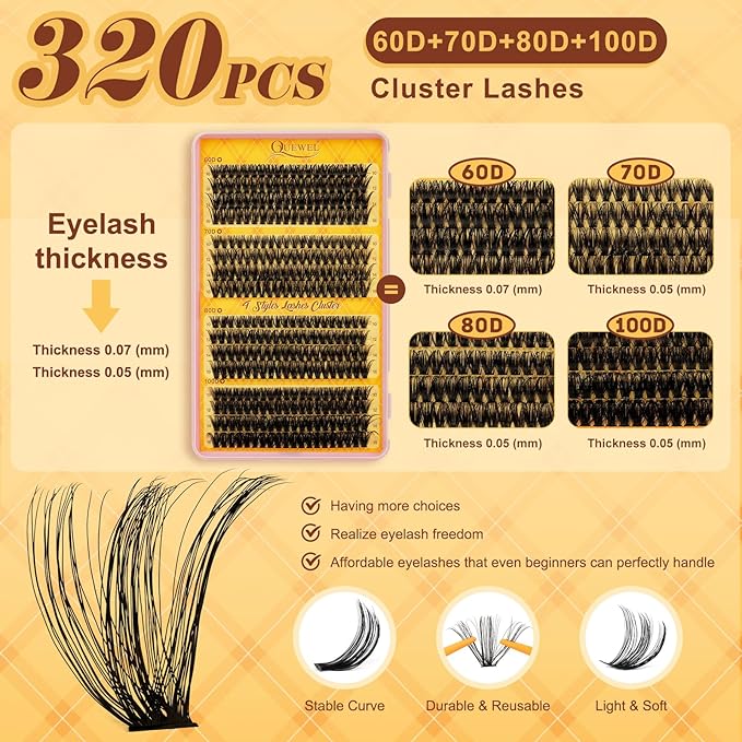 QUEWEL 320PCS Lash Clusters Kit 60D+70D+80D+100D Lashes Clusters Kit 10-18mm Cluster Lashes Individual Eyelash Clusters Reusable for Natural DIY Cluster Eyelash Extensions for Beginners