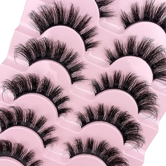 Eyelashes Wispy Lashes Strips - Russian D Curl Strip lashes, 3D Volume Mink Eyelash for Dramatic Look, 7-Pairs Fluffy False Eyelashes