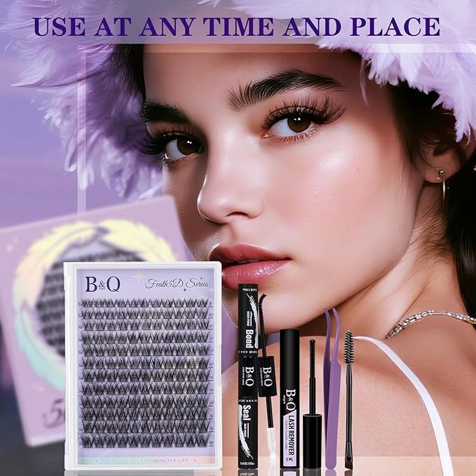B&Q Lash Clusters Kit Wispy Fluffy - Feath5D 09 Eyelash Clusters Kit with Glue & Tools, Feathered Lightweight Lash Kit, 8-18mm C Curl Waterproof False Lashes