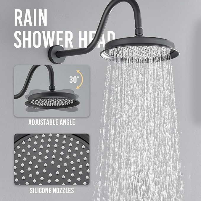 DASAN Antique Shower Faucet Sets Complete Rain Shower System in Wall with Body Shower Spray Jets, Matte Black Shower Fixtures with 9’’ Rainfall Overhead Shower, Handheld, Valve & Trim Kit, AT249W-MB