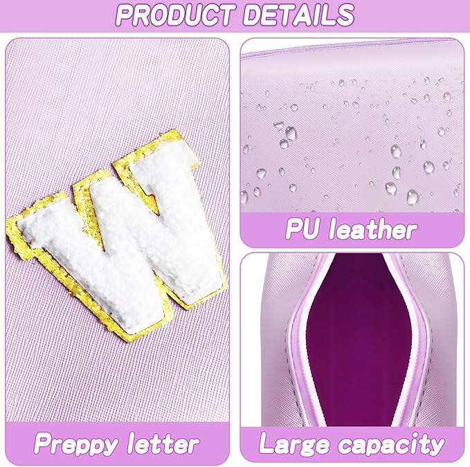 URSKYTOUS Gifts for Girls Initial Makeup Bag Personalized Cosmetic Bag with Zipper Cute Travel Toiletry Bag Waterproof PU Preppy Makeup Pouch Birthday Gift for Teen Girls Women(Purple W)