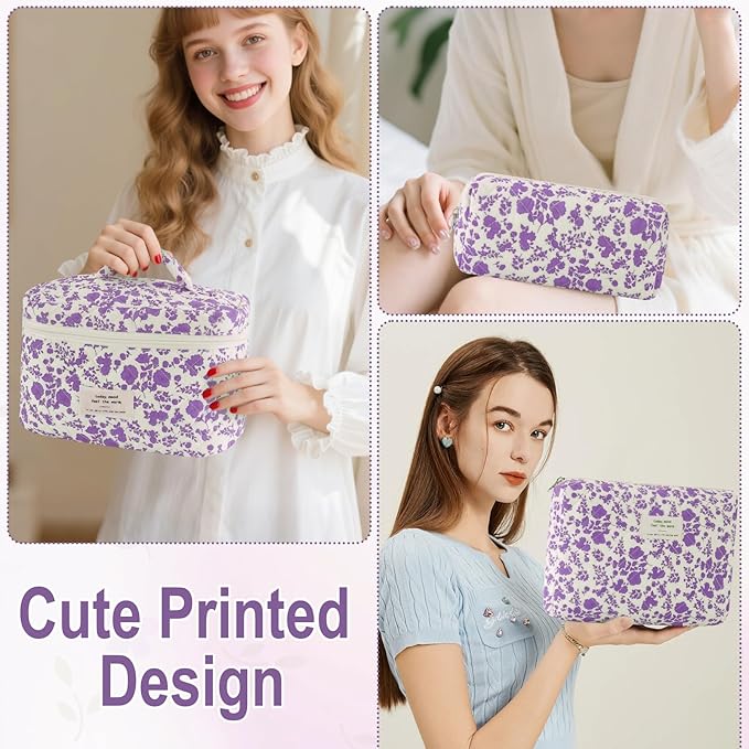 URSKYTOUS 3Pcs Cotton Quilted Makeup Bag for Women Girls Large Small Travel Portable Cosmetic Bag Set Cute Purple Floral Zipper Make Up Pouch Coquette Aesthetic Storage Toiletry Organizer Case
