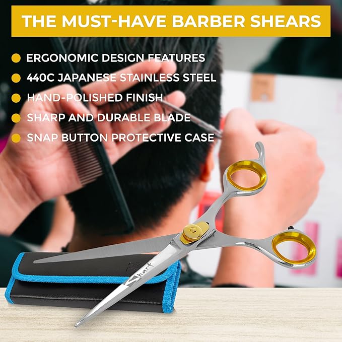 SHARF Gold Touch Barber 7.5 Inch, Professional Straight Shears 440c Japanese Stainless Steel Barber Scissors for Men and Women