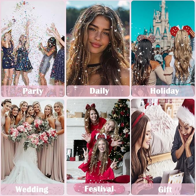 22 Colors Hair Tinsel Kit, 7800 Strands 48 Inch Glitter Tinsel Hair Extensions with Tools, Heat Resistant Sparkling Fairy Hair Accessories for July Fourth Cosplay Party Festival (22 Colors)