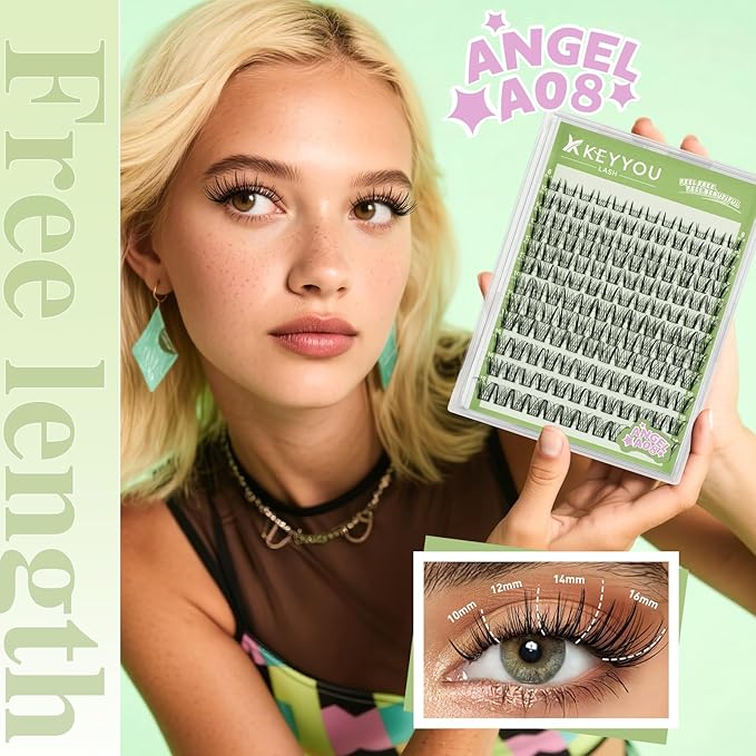 KEYYOU LASH clusters 144Pcs D Curl Angel Eyelash Extension Thick Wispy Natural Band Lash with Waterproof DIY Lash Extension at Home（Angel A08-D-8-18MIX）