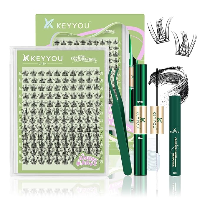 KEYYOU LASH Extension Kit 120Pcs Angel Lash Clusters Kit Thick Eyelash Extension Kit with Glue and Seal,Tweezers,Remover for DIY lash extension kit at Home（Kit-Angel A04-D-10-18MIX）