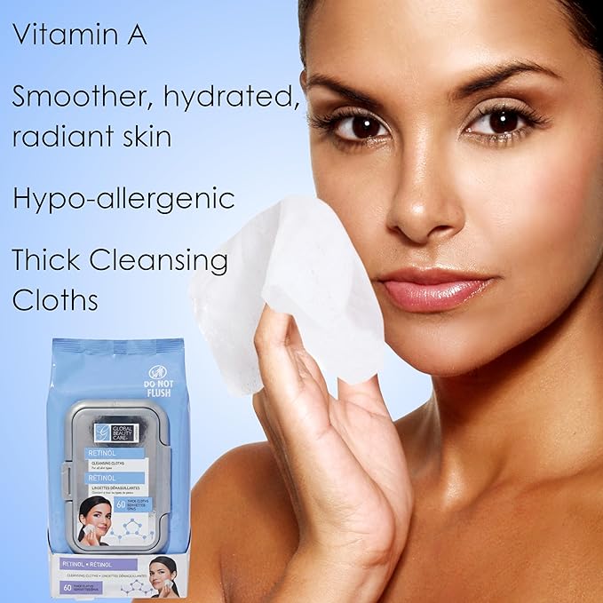 Global Beauty Care Retinol Makeup Remover Wipes - Gentle Daily Facial Cleansing Wipes for Sensitive Skin, Anti-Aging, Hydrating & Renewing For Radiant Smooth Skin, Travel-Friendly, 60 Count (2-Pack)