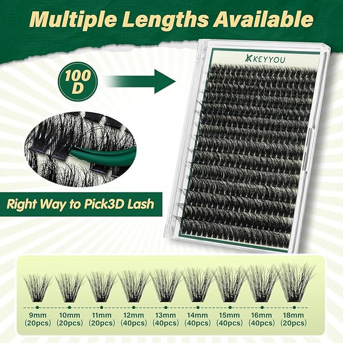 KEYYOU Lash Clusters Kit 3D Effect Eyelash Clusters Kit 280pcs 100D D Curl 9-18MIX Individual Lashes Wispy Lashes Volume Cluster Lashes Kit Natural Soft DIY Lash Extension(3D Kit-100D-D-9-18MIX)