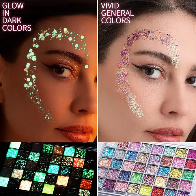 FANDAMEI 40 Colors Face Glitter, 18 Colors Glow in The Dark Glitter&22 Colors Vibrant in Daylight, Body Glitter Hair Glitter Face Glitter for Kids Women for Halloween Rave Festival Party Makeup
