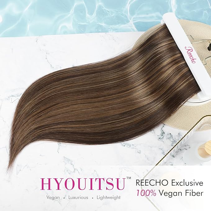 REECHO 20" Straight Long 4 PCS Set Thick Clip in on Hair Extensions Chocolate Brown with Golden Highlights