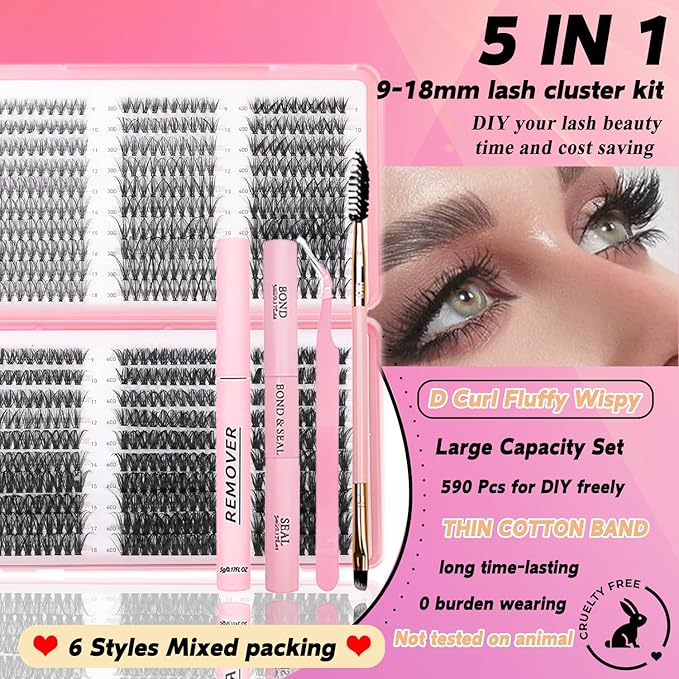 Lash Clusters Kit, 590 Pcs Eyelashes Clusters Kit 9-18mm Individual Lash Extension Kit D Curl Flufffy Wispy False Eyelashes (20D+30D+40D+50D+60D+80D, Lash Clusters Kit)