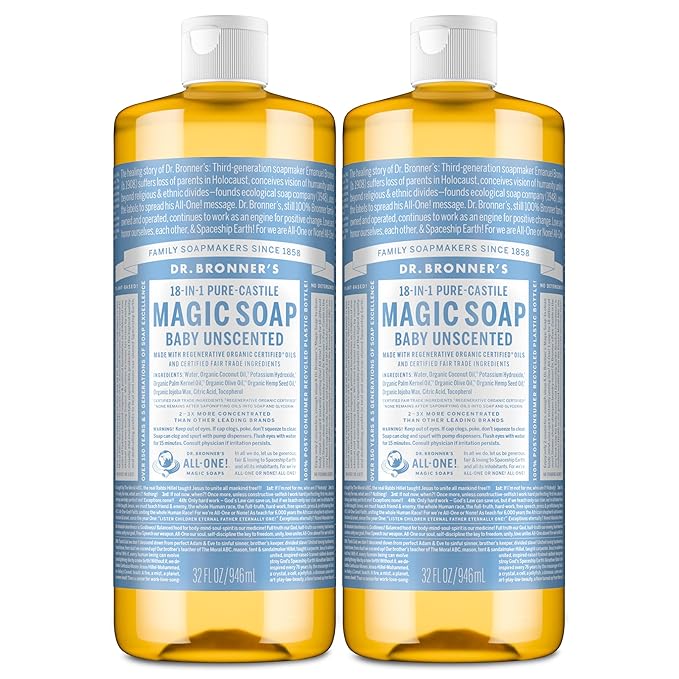 Dr. Bronner's Magic Soap-Pure-Castile Liquid Soap (Baby Unscented, 32 ounce, 2-Pack)-Regenerative Organic Certified Oils, 18-in-1 Uses: Body, Laundry & Dishes, For Sensitive Skin, No Fragrance