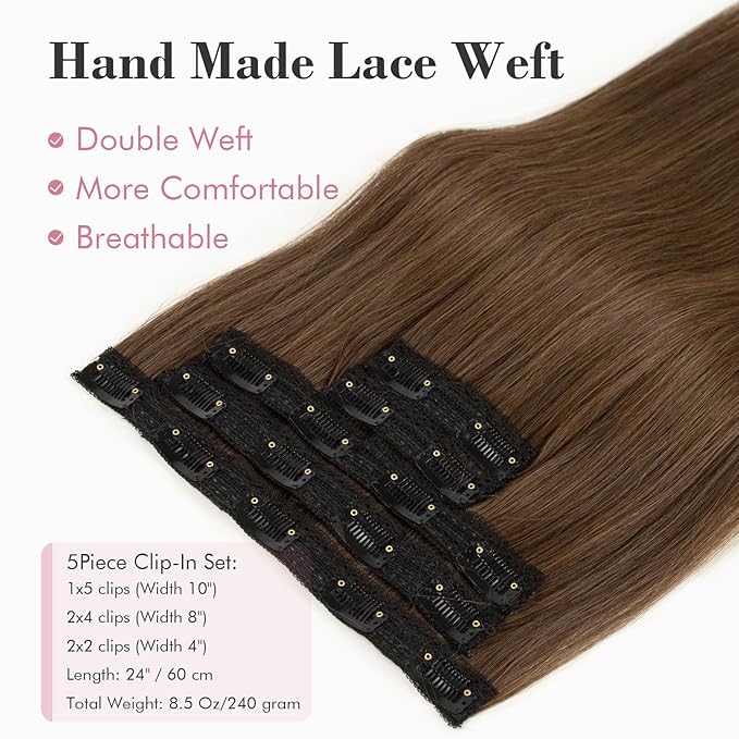 REECHO Clip in Hair Extensions, Hair Extensions Thick Long Lace Weft Lightweight Synthetic Hairpieces for Women (24 Inch-240 Gram(Pack of 5), Chestnut Brown)