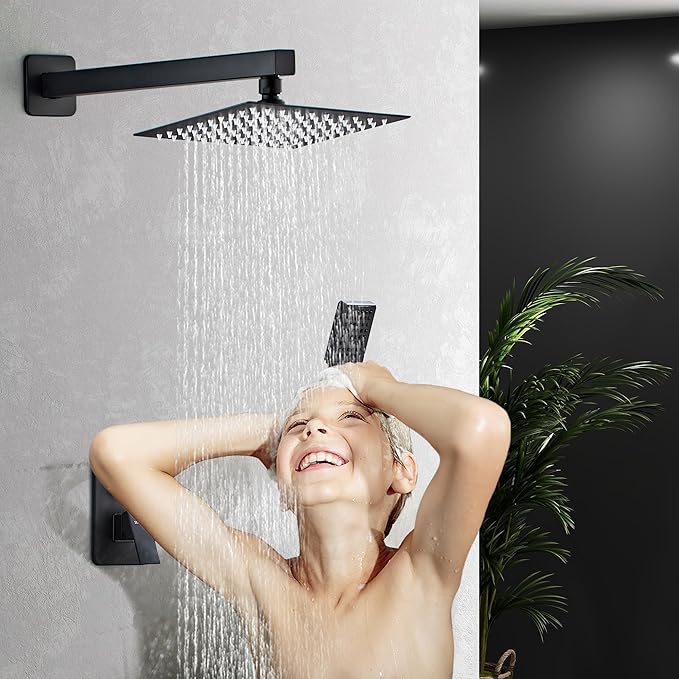LCEVCGK Shower Head Matte Black, Shower Faucet Set Bathroom Shower System with 8 inch Square Rain Shower Head Wall Mounted with 3-Setting Handheld Spray, Rainfall Shower Combo Set