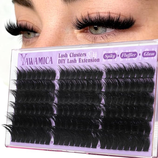 300D Fluffy Wispy Lash Clusters D Curl Thick Volume Individual Lashes with Subtle Spikes 12–20mm Cluster Eyelash Extensions DIY Eyelash Clusters for Soft Glam & DIY Lash Look by Yawamica