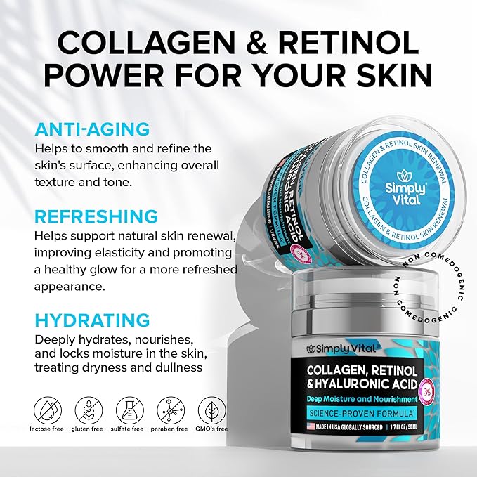 SimplyVital Collagen Cream & Collagen Face Mask Bundle – Anti-Aging Moisturizer for Face, Neck & Décolleté - Bamboo Sheet Mask for Hydration & Skin Care - Retinol, Collagen & Hyaluronic Acid