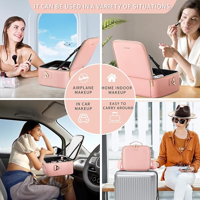ZhenGuiRu Travel Makeup Bag Cosmetic Organizer Bag with Lighted Mirror, Waterproof Makeup Bag with Light Up Mirror, Travel Makeup Case for Cosmetic Brush Holder Storage, Large Toiletry Bag Women Gift