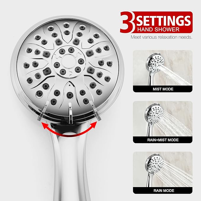 sumerain Modern Bathroom Shower System with High Pressure Rainfall Shower Head, 3-Setting Handheld Shower and Adjustable Slide Bar, Valve Included, Chrome Finish