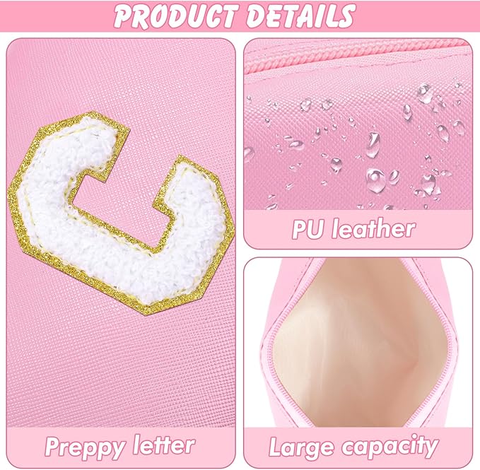 URSKYTOUS Initial Makeup Bag Personalized Cosmetic Bag with Zipper Cute Travel Toiletry Bag PU Waterproof Makeup Pouch Monogrammed Birthday Gift for Women Preppy Stuff for Teen Girls (Pink C)