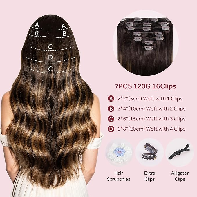 Clip in Hair Extensions Real Human Hair, Silky Remy Hair Extensions Clip Ins, Salon Quality Straight Human Hair for Women, Dark Brown to Chestnut Brown #2TP6/2 24Inch 120G 7PCS