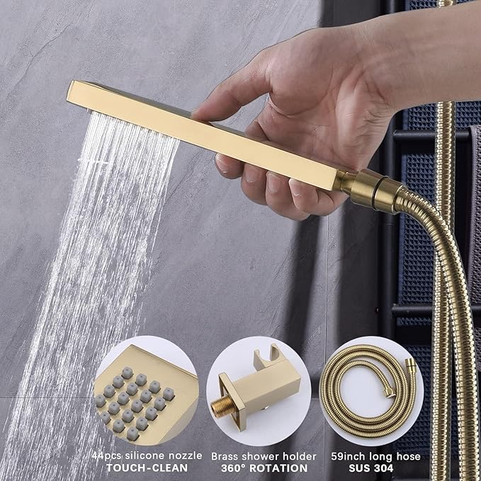 KATAIS Brushed Gold 16X24 inch Ceiling Mounted Rain Shower Head System(Rain&Waterfall Modes), Digital Display Shower Set with 6 PCS Body Jet and Handheld Spray