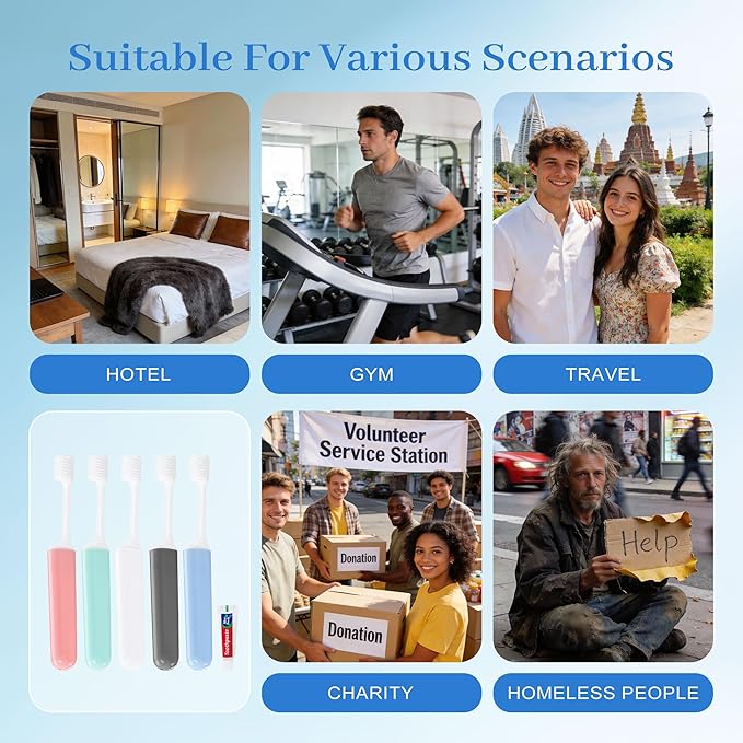 Travel Toothbrush and Toothpaste, Foldable Toothbrush and Toothpaste, Individually Packaged, Foldable for Storage, 5 Colors Available, Ideal for Travel, Business Trips, and Hotels (50-Pack)