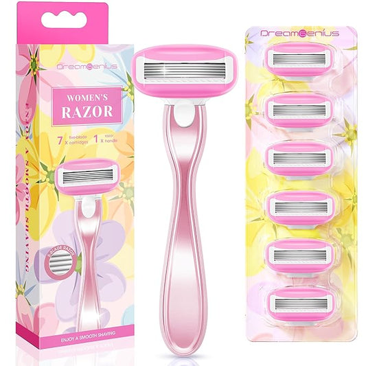 Razors for Women Include 1 Non-Slip Metal Handle and 7 Blade Refills, 5 Premium Blades Women's Razors for Shaving with 360° Lubrication Reduces Irritation, Pink