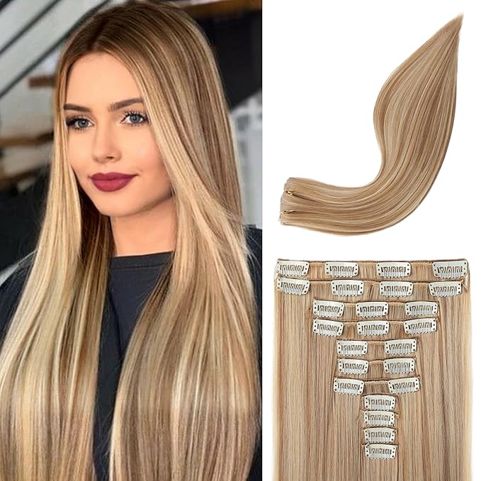 REECHO Hair Extensions, 11PCS Clip in Hair Extensions 24" Long Straight hair extensions HE005 Natural Soft Synthetic Hairpieces for Women – Dirty Blonde with Highlights