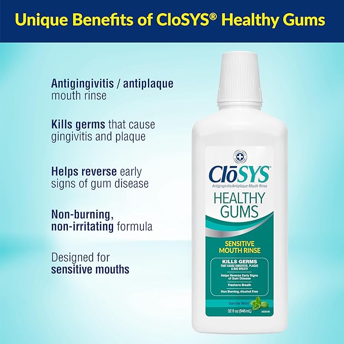 CloSYS Healthy Gums Mouthwash 32 Fl Oz, Antiplaque, Anti-Gingivitis Mouthwash, Non-Burning, Non-Irritating