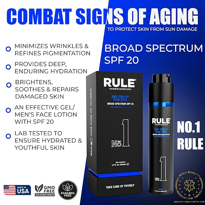 RULE COSMECEUTICALS No.1 Day Cream for Men, 10-in-1 Anti-Aging Face Moisturizer to Reduce Wrinkles & Dryness, SPF 20, Collagen, Vitamins B, C & E - Normal & Dry Skin - Original, 50 mL