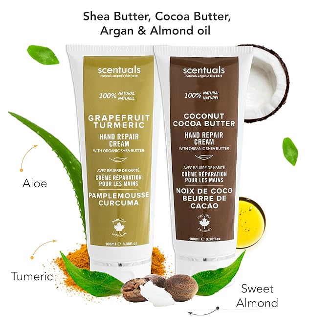 Scentuals Hand Cream Set of 2, with Shea Butter, Cocoa Butter, Argan & Almond oil, Moisturizing Dry Hands. Coconut Cocoa Butter + Grapefruit Turmeric | 100ml (3.4fl.oz) x 2.
