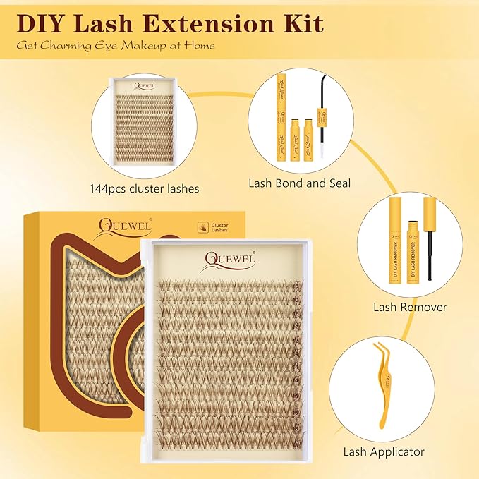 QUEWEL Brown-Lash-Clusters Kit, 120pcs Wispy-Lash-Clusters Kit Mix10-18mm Wispy Natural Invisible Band Eyelash Clusters Kit for DIY Cluster Eyelash Extensions(Brown Feather 4 Set)