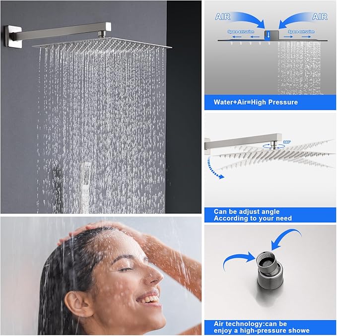 POPFLY 3-Function Shower Faucet Set – 10 Inch Rainfall Shower Head, Handheld Spray & Tub Spout, Brushed Nickel Wall Mounted Bathroom System with Solid Brass Valve & Trim Kit