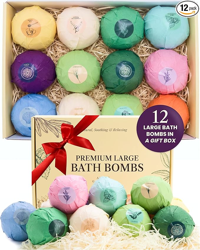 Bath Bombs Set Pack of 12 Pcs Gift Set for Women - Large 150g Oversized Bath Bombs for a Soft Skin Feel, Spa Gift Set for Birthday, Valentine's Day or Mothers Day, Gift Box Idea for Her
