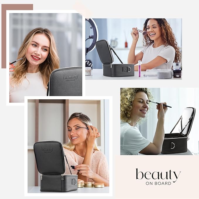 BeautyOnBoard Makeup Bag with LED Mirror, PU Leather Makeup Case - 3 Adjustable Brightness Levels, Lighted Cosmetic Case with Mirror, Dividers - Make Up Portable Storage Travel Organizer with Handle