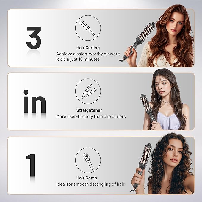 Thermal Brush, 3-in-1 Curling Iron - 30s Fast Heat, 4 Temp Settings (300℉-400℉), Anti-Scald Design for Loose Curls, Straight Hair & Volume (Home & Travel Use)