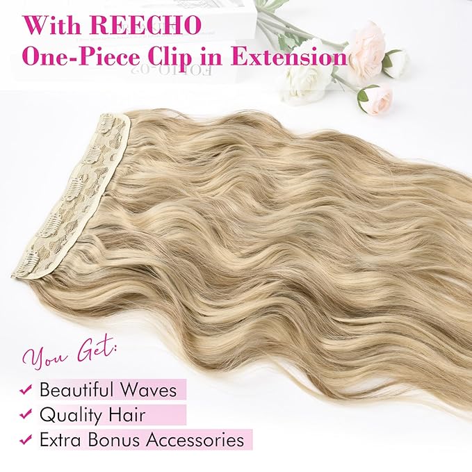 REECHO Clip in Hair Extensions, 20” One Piece Hair Extension Clip in Wefts Long Thick Beach Wavy Natural Soft Synthetic Hairpieces for Women, Dark Ash Blonde