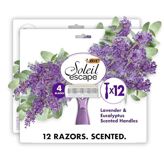 BIC Soleil 4 Escape Scented Women's Disposable Razors, 4 Blades, Comfortable Shave, Lavender & Eucalyptus Scented Handle Shaving Razors for Women, 12 Count