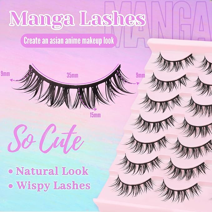 Losha Lashes Spiky Manga Lashes 14 Pairs Anime False Eyelashes Natural Asian Lashes Strips that Look Like Lash Extensions Soft Wispy Fake Eyelashes (Cutey)
