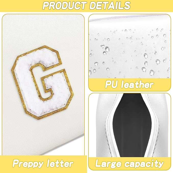 URSKYTOUS Gifts for Girls Initial Makeup Bag Personalized Cosmetic Bag with Zipper Cute Travel Toiletry Bags Waterproof PU Preppy Makeup Pouch Birthday Gift for Teen Girls Women(White G)