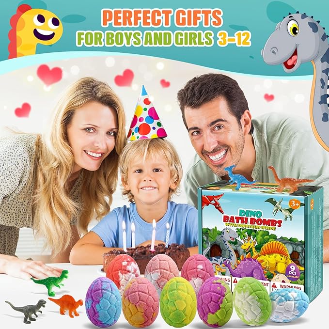 Bath Bombs for Kids with Dinosaur Toys Inside, Valentines Day Gifts for Kids, Easter Basket Stuffers, 9 Pack Natural Organic Dinosaur Bath Bombs Bubble Bath Gift Set, Birthday Gifts for Kid