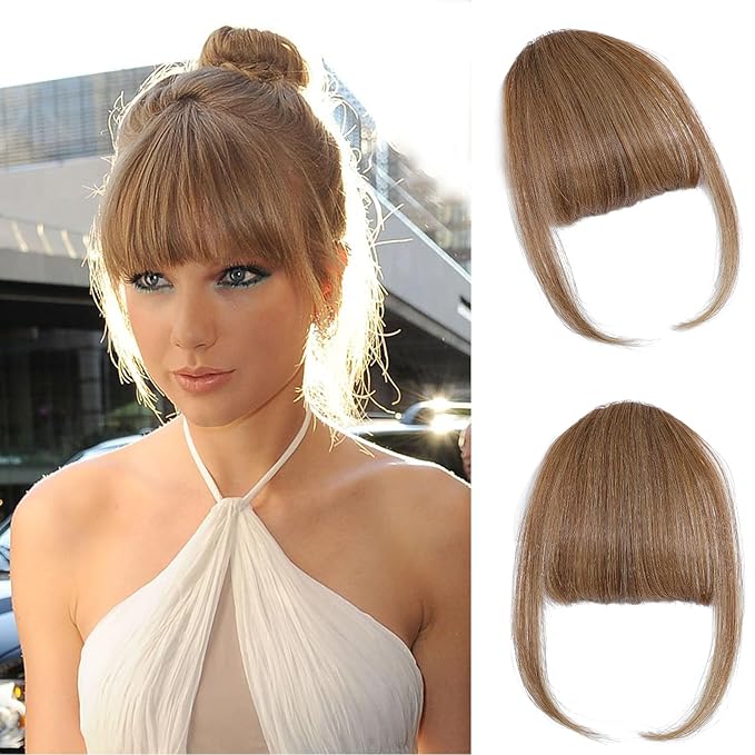 Clip on Wispy Bangs-Real Human Hair Clip in Bangs Hairpieces Honey Blonde Fake Air Bangs Fringe with Temples Bangs Hair Clip Extensions