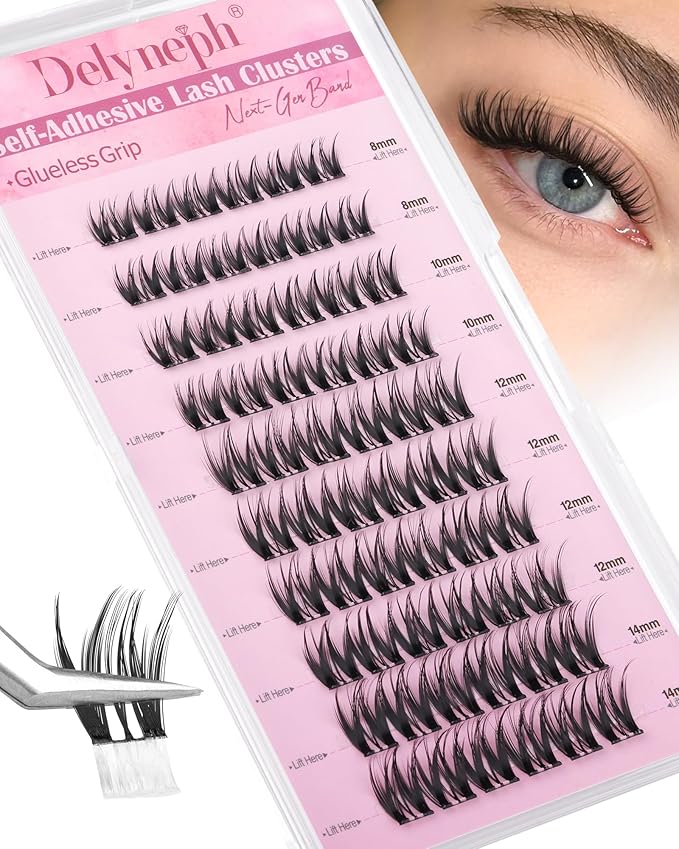 Self Adhesive Eyelashes Wispy Self Adhesive Lash Clusters Natural Clear Band Eyelash Clusters 8-14mm Short Cluster Eyelash Extensions Pre-Glued Cluster Lashes by Delyneph
