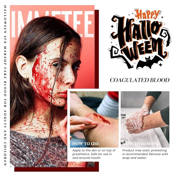 immetee Fake Blood Gel, Sfx Blood Gel with Stipple Sponge, Sfx Fake Blood Makeup Kit, Halloween Coagulated Stage Blood Specail Effects Makeup Face Body Paint. 55g