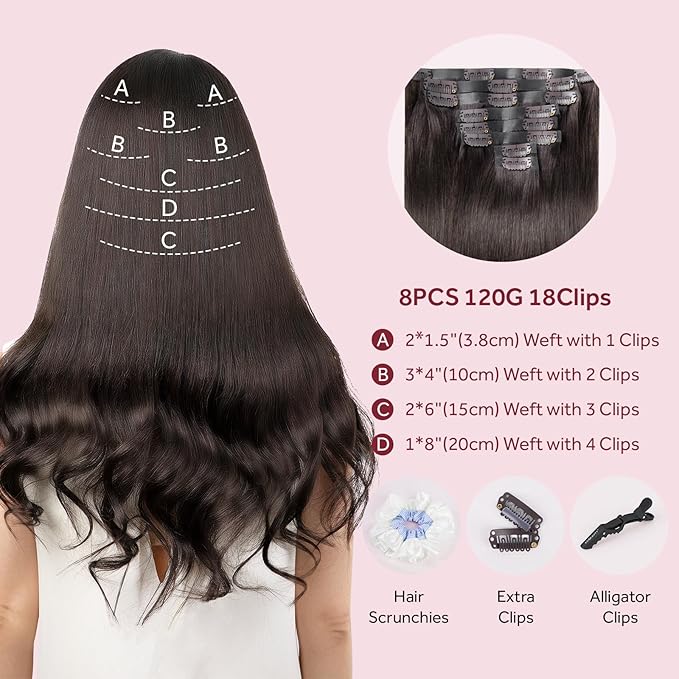 Clip in Hair Extensions Real Human Hair Dark Brown Seamless Clip In 100% Remy Hair Extensions PU Skin Weft Add Volume Thick&Invisible #2 20Inch 120G 8PCS